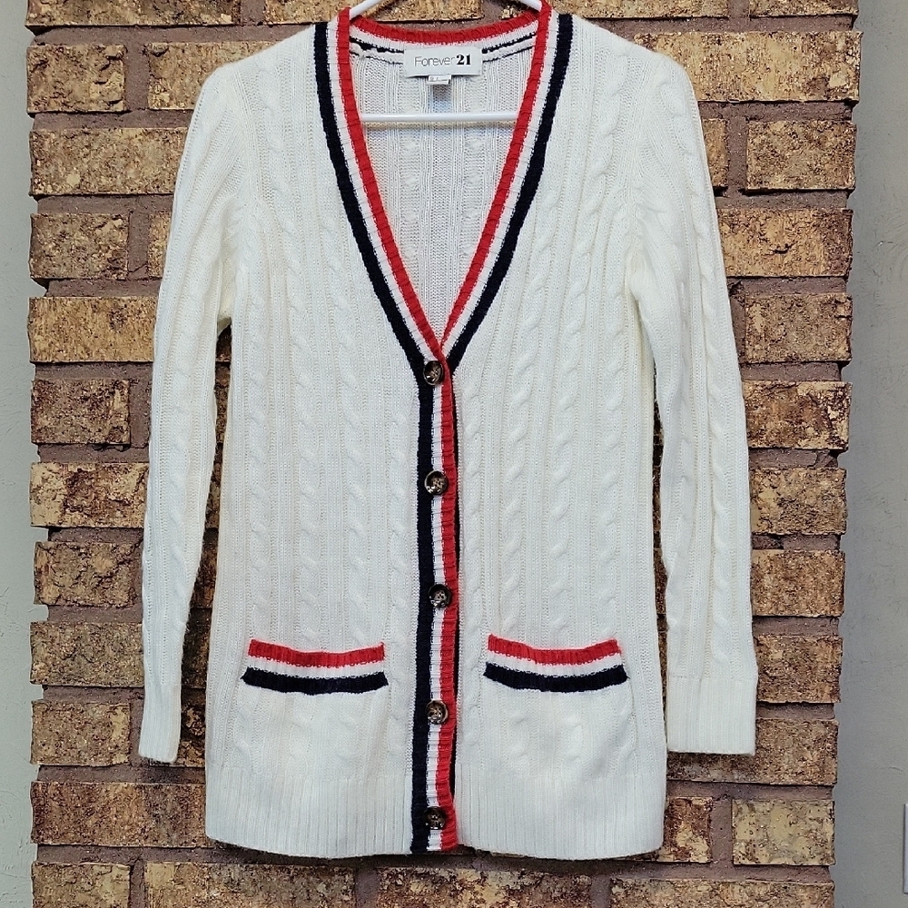 Forever 21 Cream Cable Knit Cardigan with Red and Black Stripe Trim